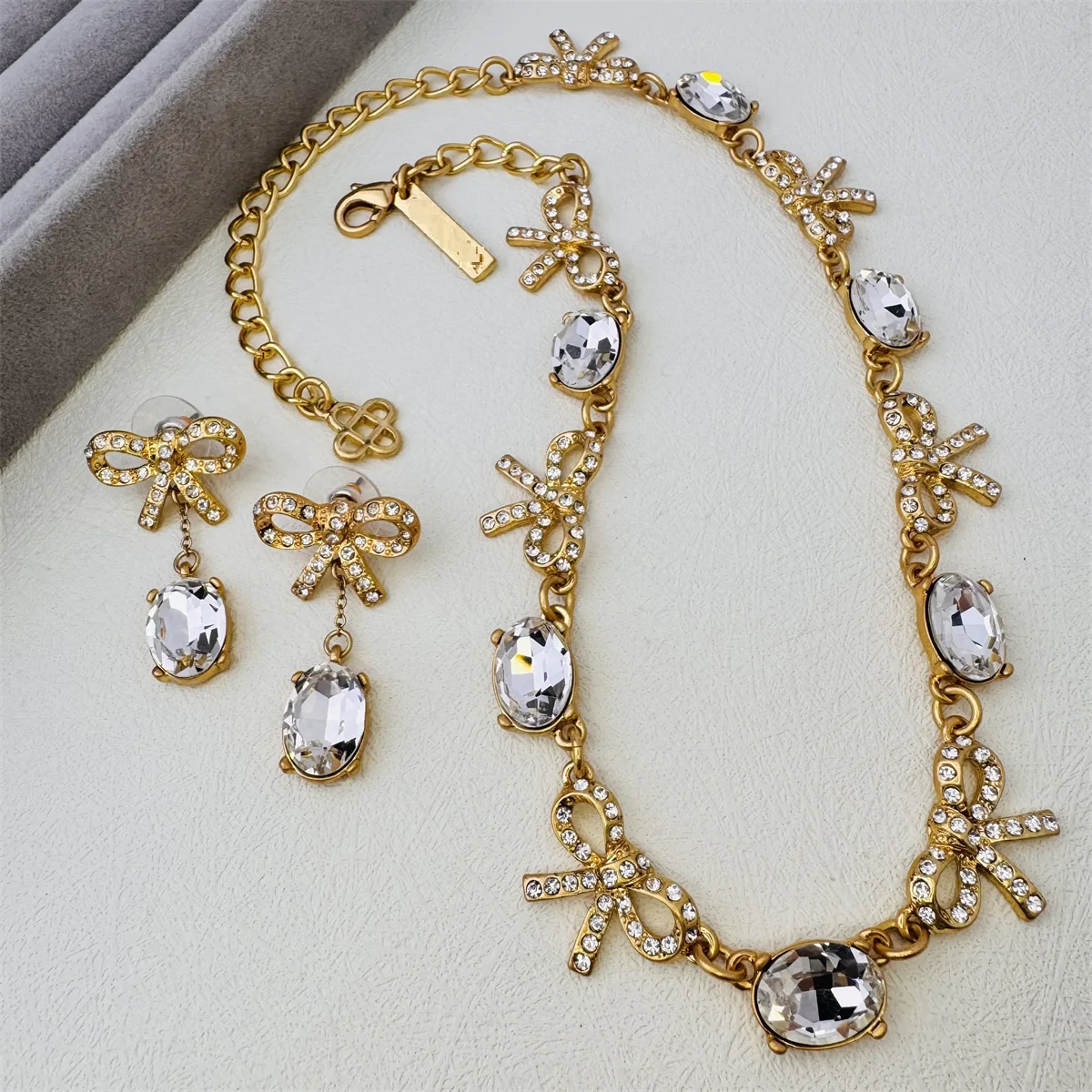 

Vintage Crystal Bow Necklace Earrings, Luxury Collar Chain, Elegant Choker Jewelry Set for Women