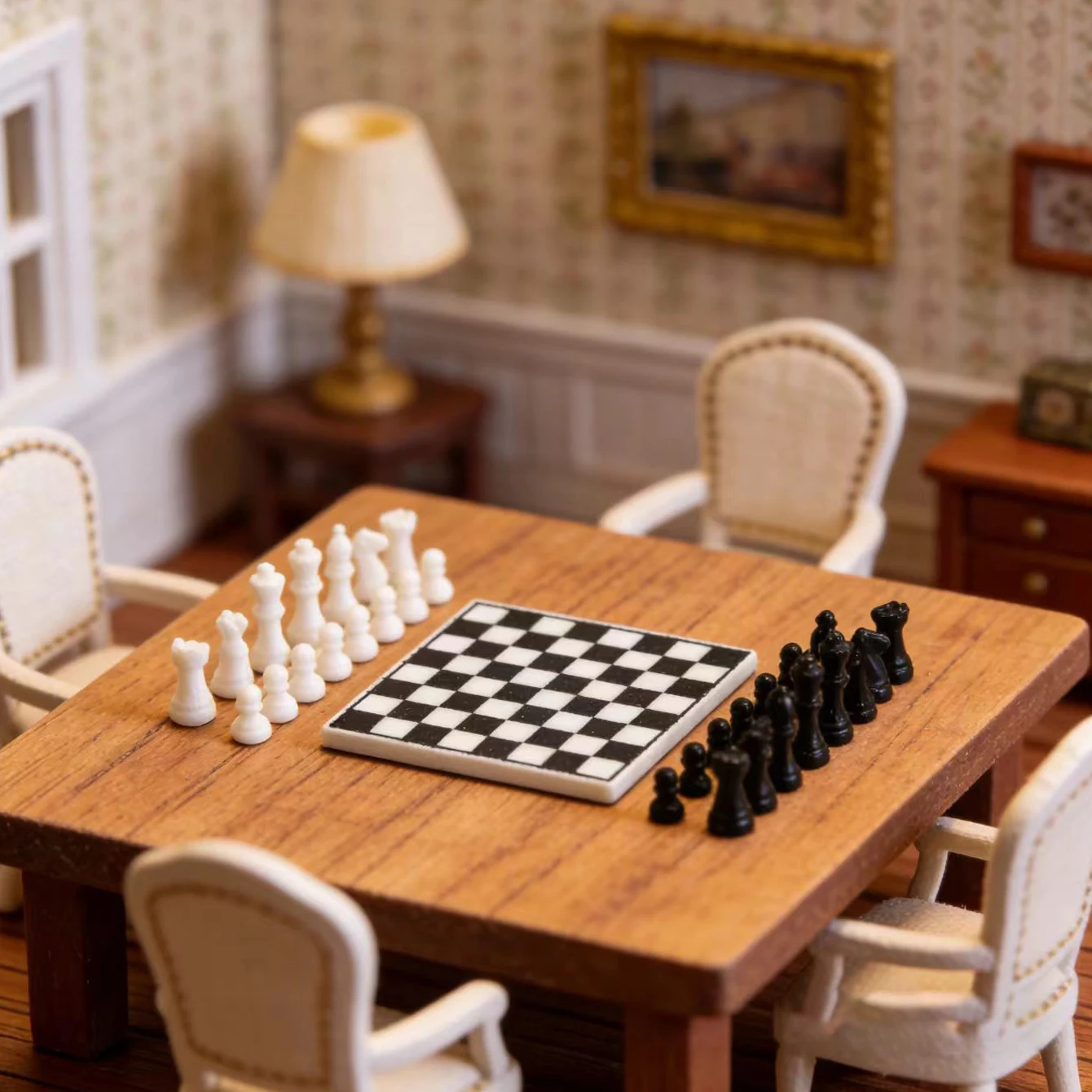 1set/Miniature black and white chess set, dollhouse tabletop decoration, dollhouse scene prop for photography view 5