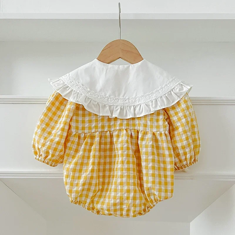 Autumn Newborn Baby Girls Romper 0-3Yrs Infant Retro Romper Yellow Grid Lapel Floral Rompers Kids Onepiece Fashion Baby Clothing