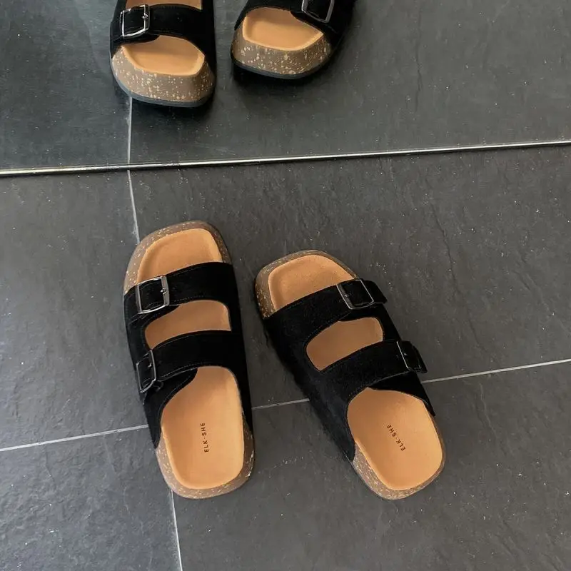 Dames Kurk Slippers Zomer Retro Stijl Metalen Gesp Verstelbare Sandalen Voor Vrouwen 2023 Nieuw Model Dames Dikke Zool Sandalias