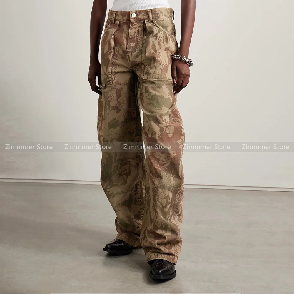 

High Quality! American retro camouflage workwear casual trousers women ins hip hop loose straight wide leg long trousers