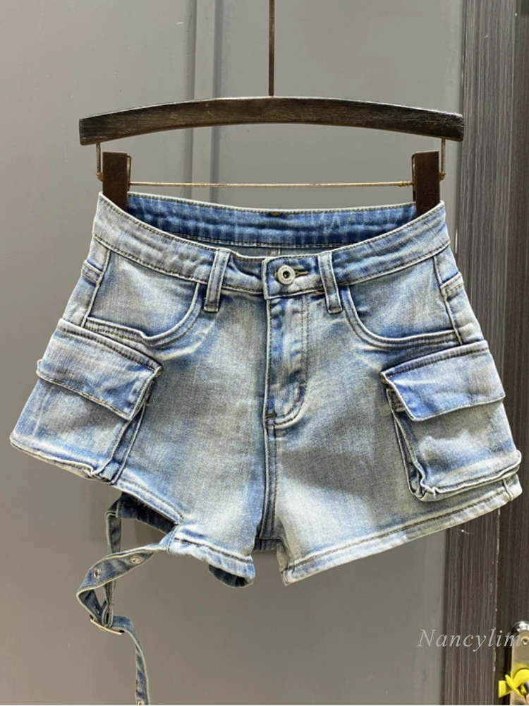 

2024 Summer New American Retro Hot Girl High Waist Denim Shorts Women's Design Sense Niche Workwear with Pocket Hot Pants