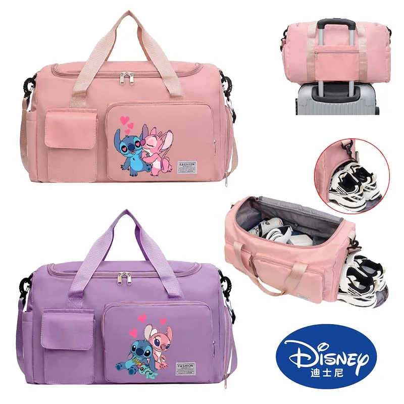 Disney Stitch Cartoon Tote Travel Bag Large Capacity Clothes Storage Bags Gym Duffle Pack with Shoe Compartment Portable HandBag