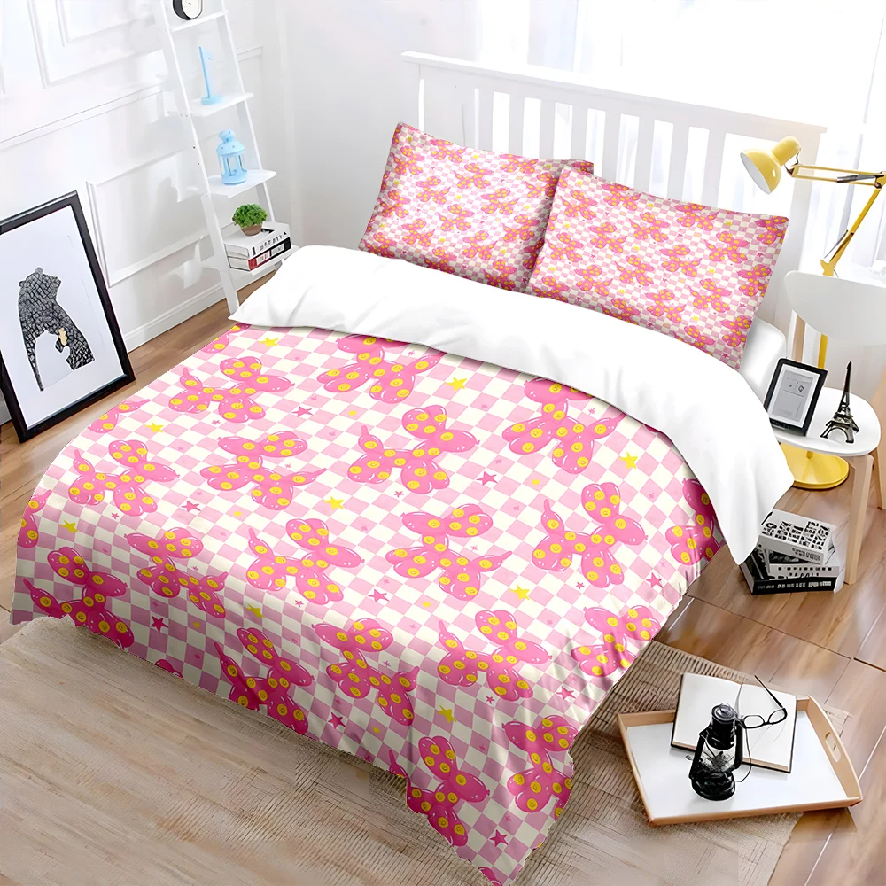 Pink balloon dog checkered pattern background Bedding Set for Kids Luxury Gift 3pcs Digital Print Comforter Set Soft Comfortable