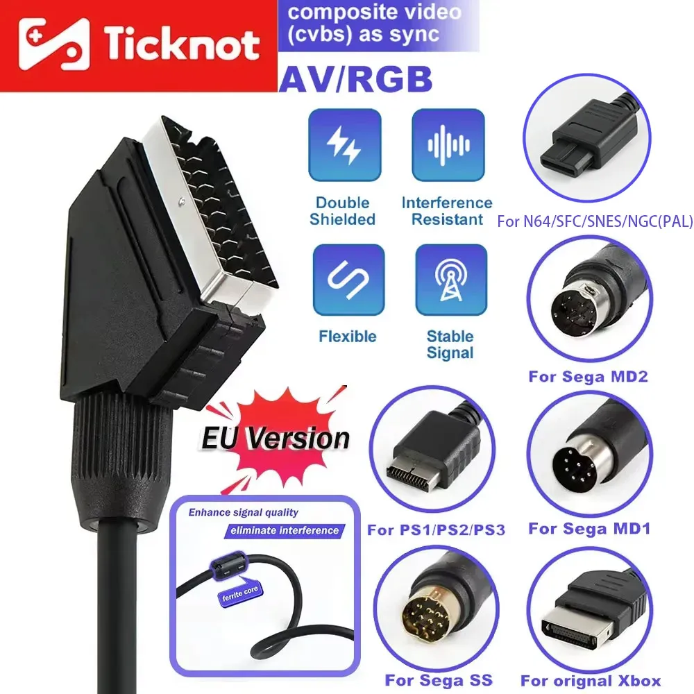 Câble vidéo Composite de haute qualité de 1.3m sur câble péritel SYNC RGB pour connexion Audio-vidéo professionnelle Saturn/MD/Xbox/PS1/PS2