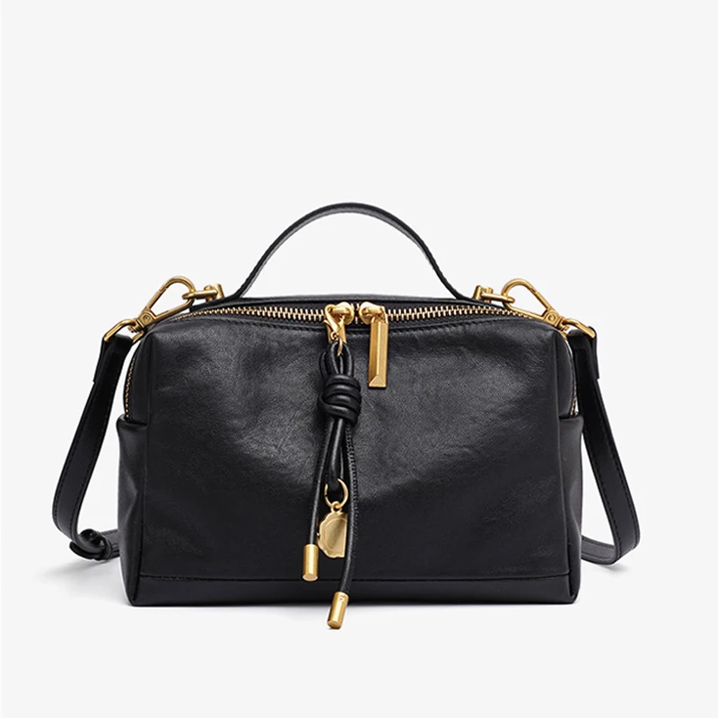 SHELKSBAG Vintage OilWax Cowhide Leather Boston Handbag Women Detachable Adjustable Shoulder Strap Gold Hardware Crossbody Bag