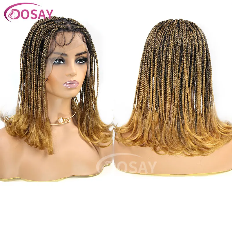 Perucas sintéticas trançadas para mulheres negras, ombre, loira, frente cheia do laço, trançada caixa, cabelo do bebê, peruca afro, 12 in