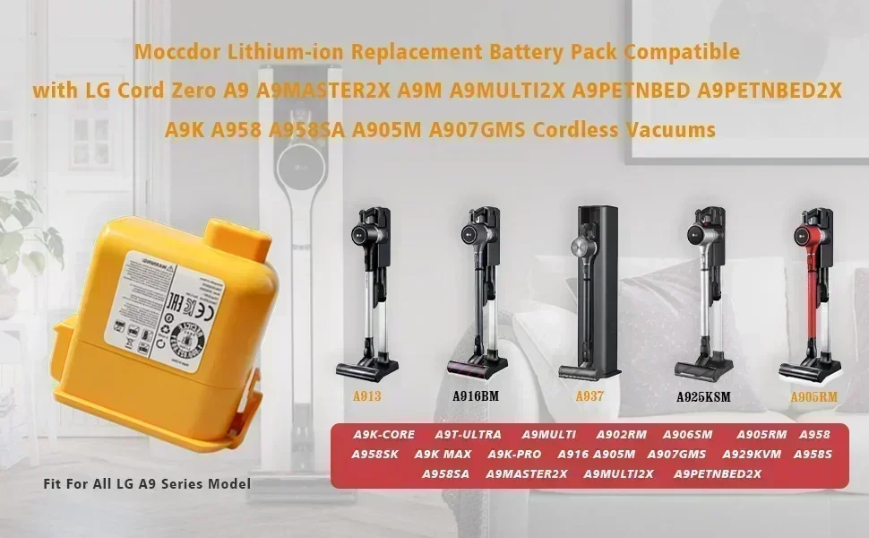 2024 vervangende batterij voor LG Cord Zero A9,A9S,P9,A9K-CORE,A9MAX,A9T-Ultra,A9K-PRO,A9N,A9M,A9 Plus 25.55V 5000mAh