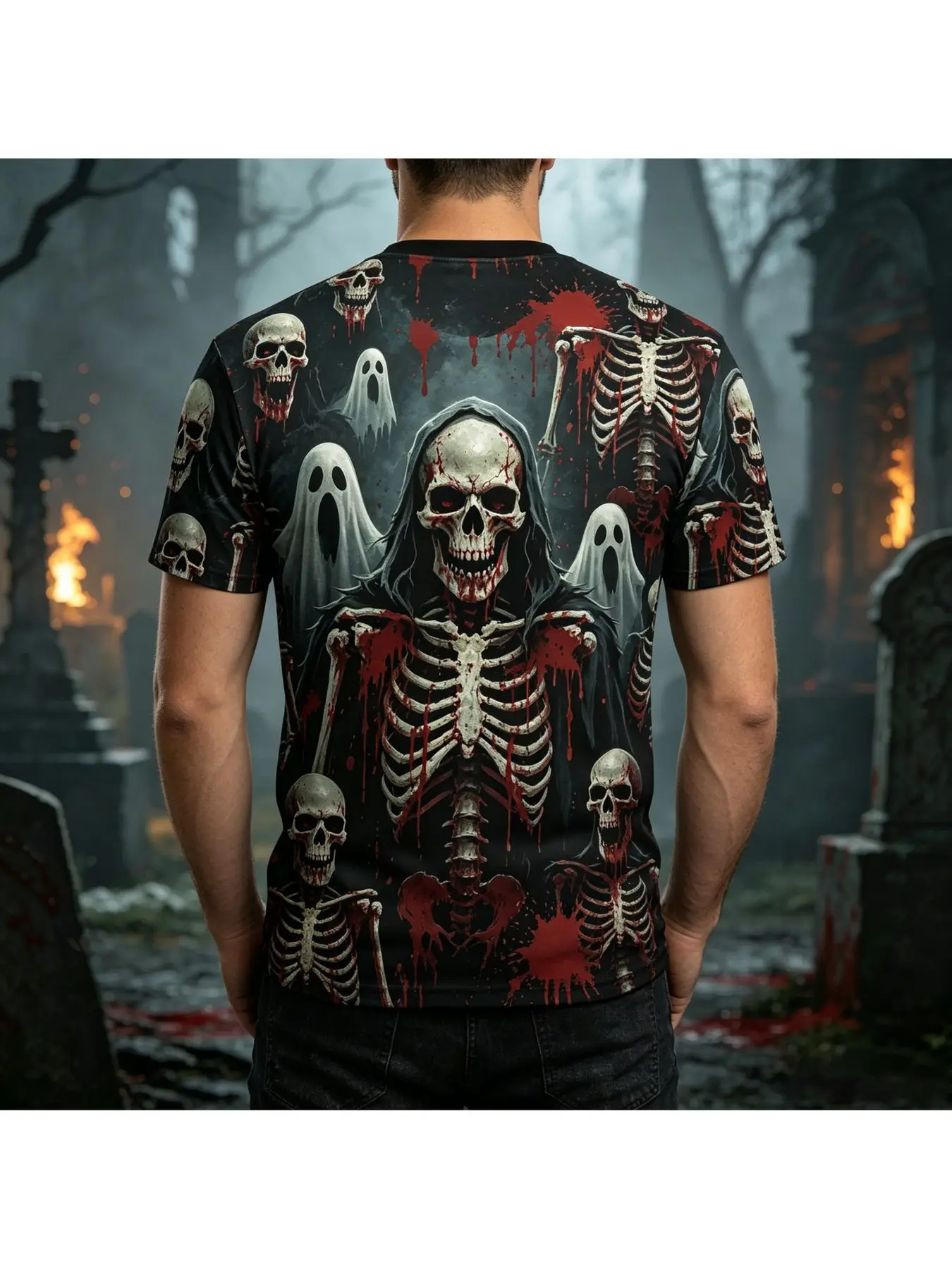 Men Short Sleeve T‑Shirt 3D Skeleton Ghost Graveyard Blood Print Halloween Gothic Horror Casual Party Top