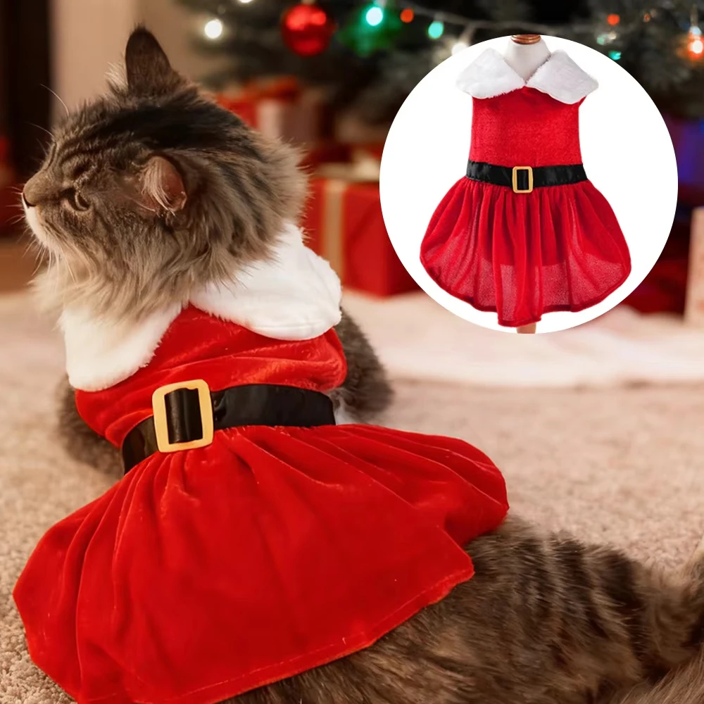 Christmas Pet Dresses Holiday Party Gifts Costume Santa Kitten Red Princess Skirt for Small Dogs Sphynx Cats Chihuahua Outfits