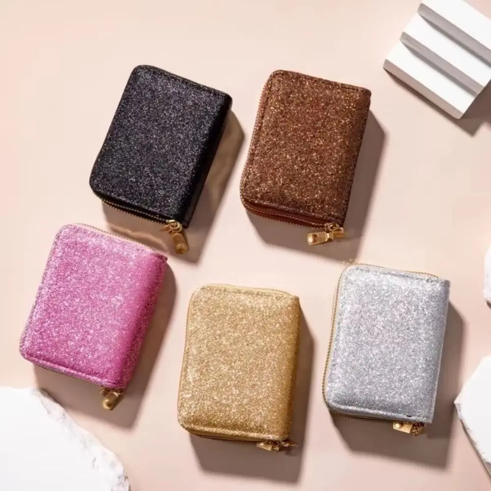 

Solid Color Women Card Bag Luxury Double Zipper Starry Shiny Wallet Multi-card Slot Coin Purse Accordion Card Holder Girls