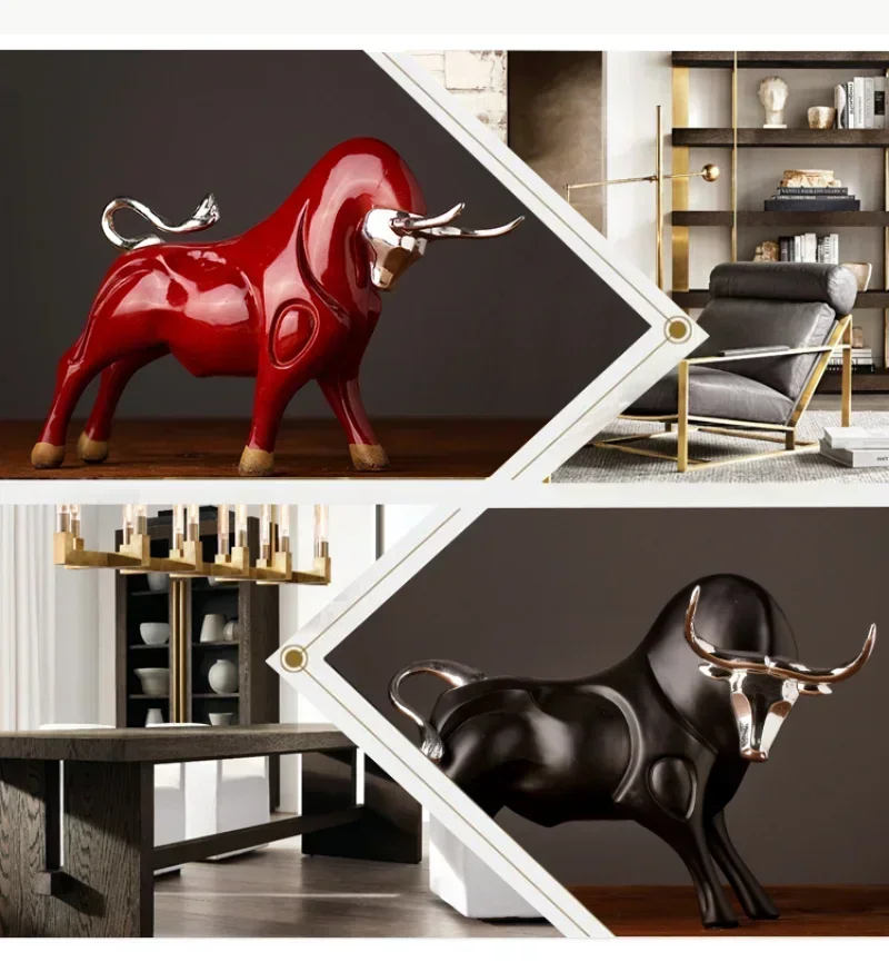 Modern Figurines Red and Black Bull Sculpture Resin Simulation Animal Statue Living Room Bookcase Crafts Accessories Home Decor