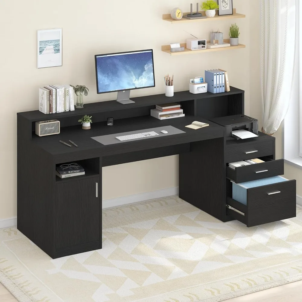 Computer Desk with 3 Drawer & Storage Shelves, Home Office Desk with File Drawer & Cabinet, Writing Study Table with Long Monito
