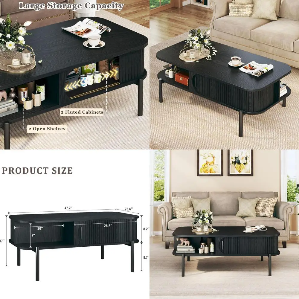 

Двухуровневый журнальный столик в деревенском стиле с местом для хранения и раздвижной дверцей, черный