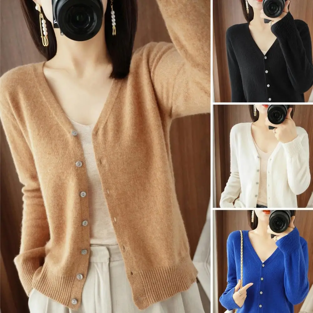 Soft Stretchy Cardigan Versatile Women Cardigan Stylish V-neck Knitting Cardigan with Ribbed Cuffs Solid Color Long for Spring