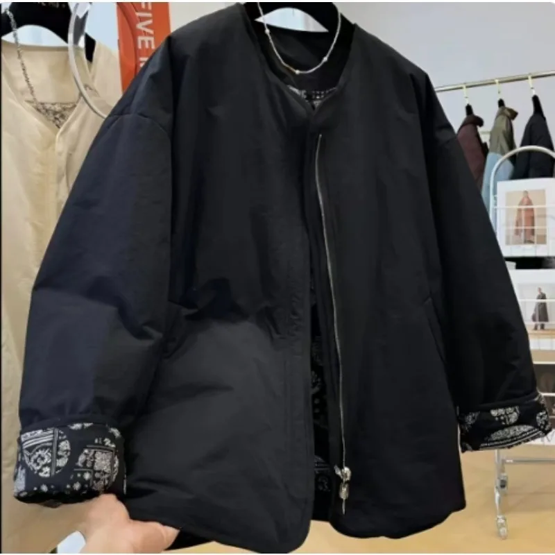 Retro chic unique round neck cotton-padded jacket women's autumn and winter new high-grade solid color relaxed casual coat