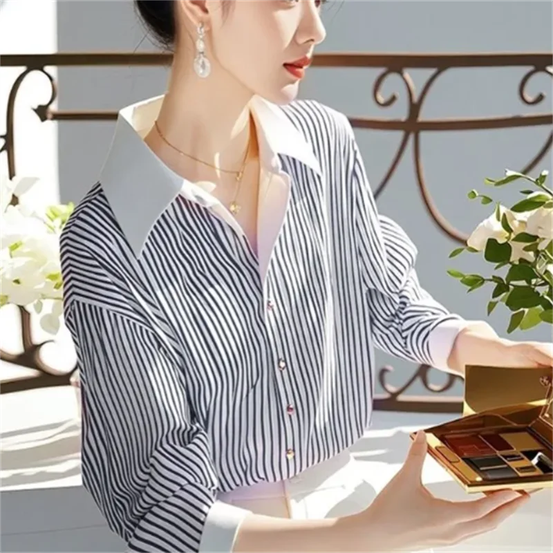 여성용 스트라이프 블라우스 셔츠, 우아한 셔츠, 캐주얼 루즈 긴팔 스플라이싱 셔츠, 패션 단추 업 튜닉 탑, 여성 블라우스