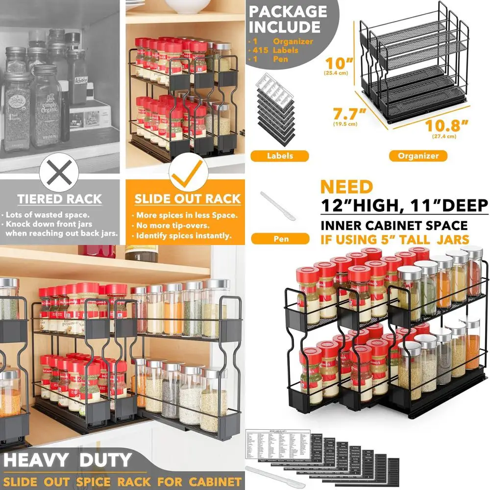 

Sturdy Slide-Out Spice Rack Organizer, 3-Drawer 2-Tier Kitchen Storage, 7.7W x 10.75D x 10H, with Labels