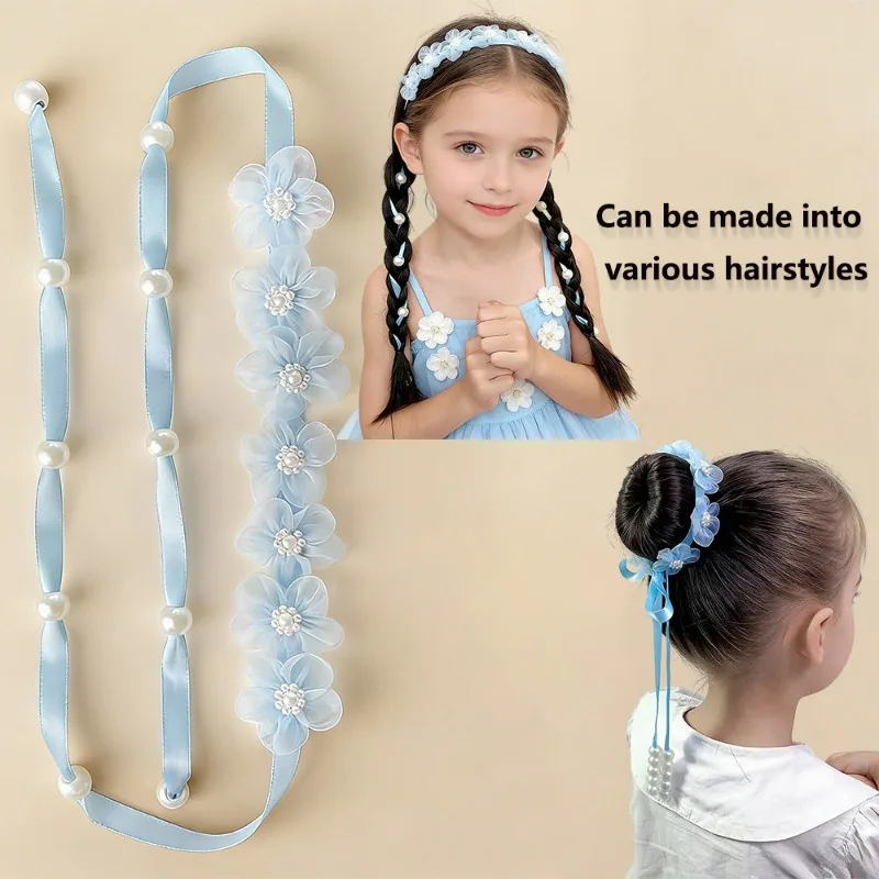 1 Stück Organza-Blumen-Haarband mit langem Band, modisches böhmisches Blumen-Haargummi, geflochtenes Haarband, geeignet für tägliche Partys – Detail 12