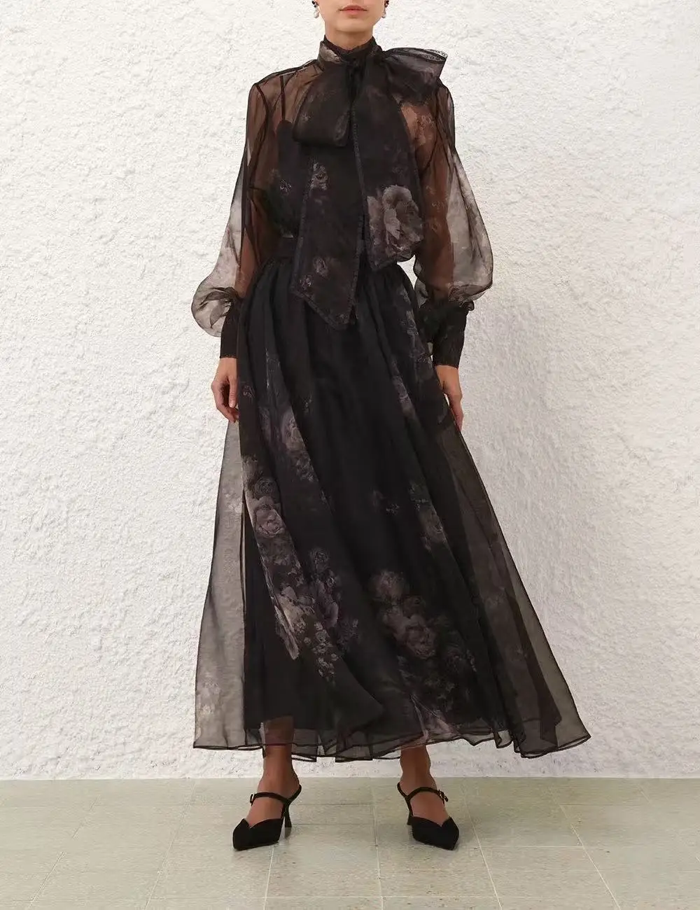 

Black Floral Print See Through Long Sleeve Blouse Tops and Midi Skirt Set 2025 Silk High Quality
