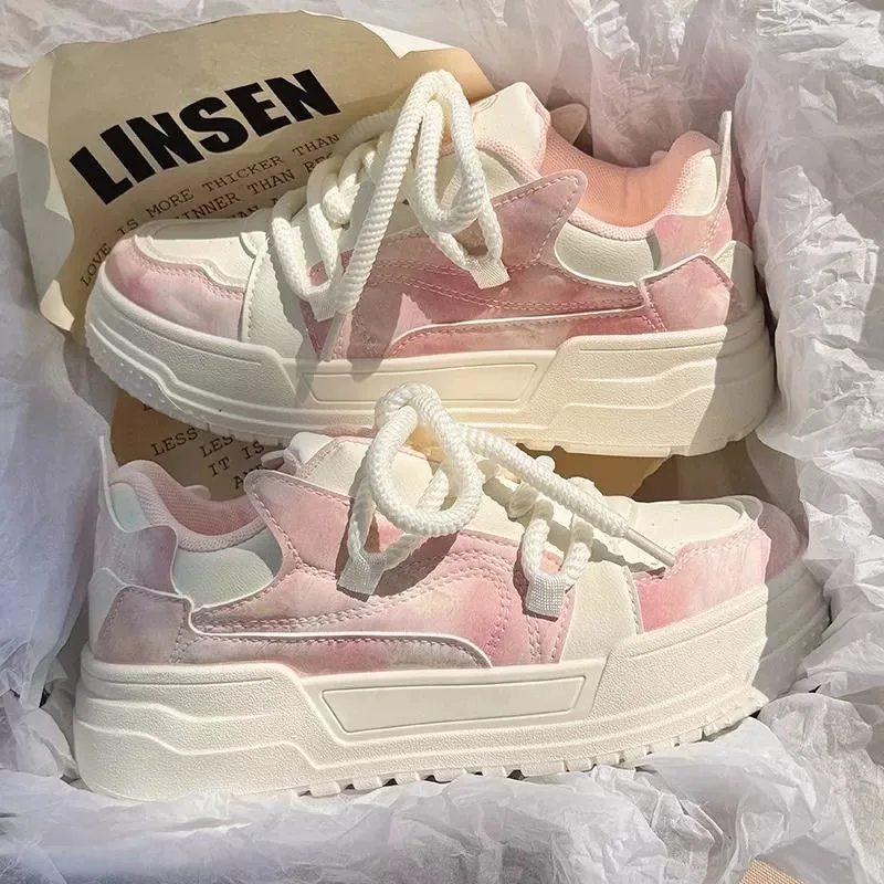 Trendy Women's Platform Sneakers Thick Chunky Sole Lace Up Casual Skate Shoes Color Block Fashion Streetwear Walking Footwear