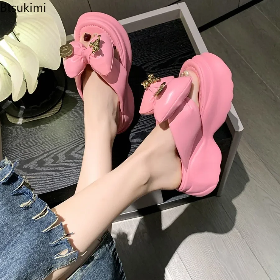 New Women\'s Summer Cute Pink Slippers Thick Sole Shoes Casual Platform Beach Flip Flops Leisure Bow Tie Sandals Sneakers Woman