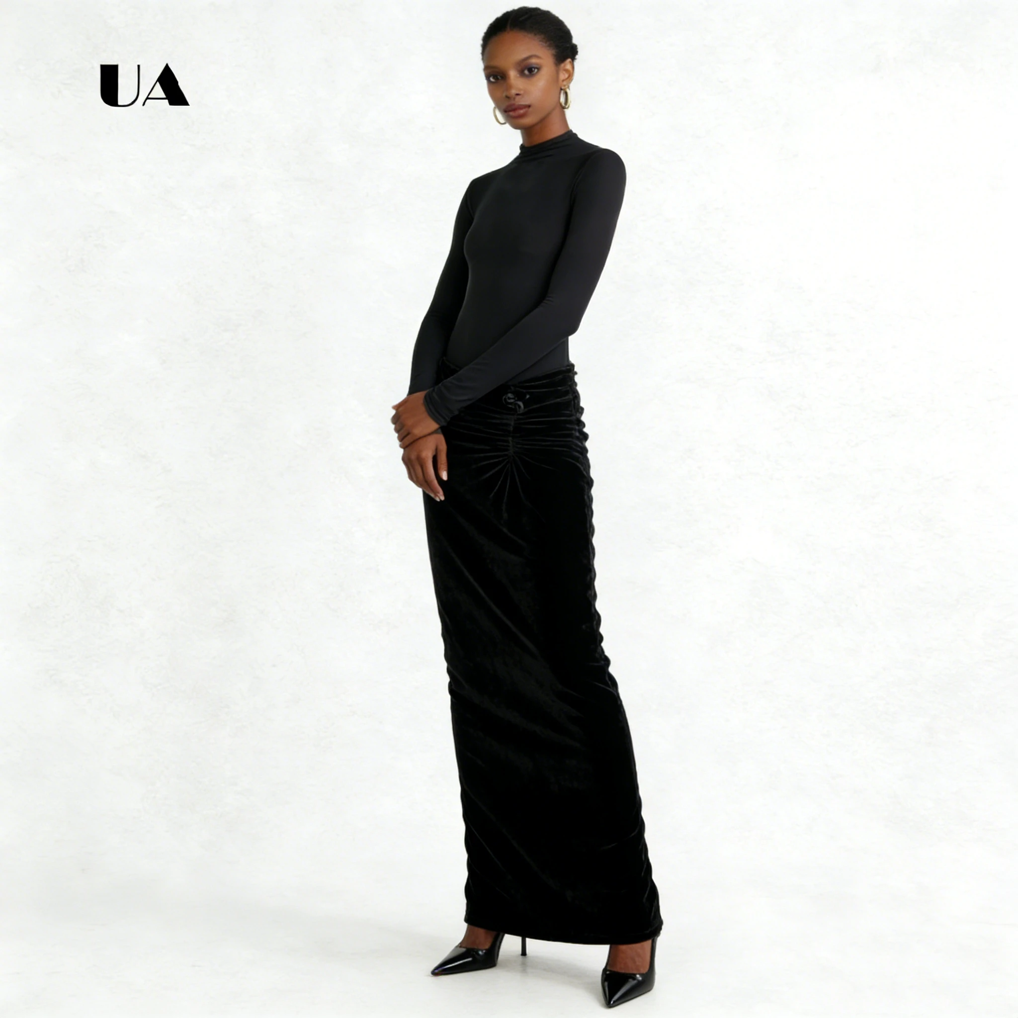 ULBYANRY ラッフルベルベットシースプロムドレス、長袖、ソリッドハーフハイネック、3Dフラワーイブニングドレス、カスタマイズされたパーティードレス