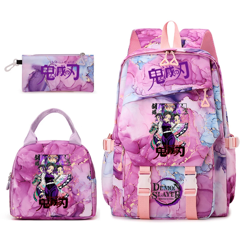 胡蝶しのぶ-デーモンスレイヤー-アニメバックパックセット-子供用-学校ランチバッグ-ペンシルケースコンボ-かわいい学生用バッグ-女の子用