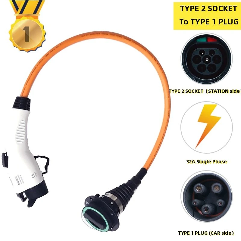 32A EVSE Type 2 Socket to Type 1 Electric Vehicle Car Charger Type 2 to Type 1 J1772 Type 1 Female Plug Car EV Charging Cable