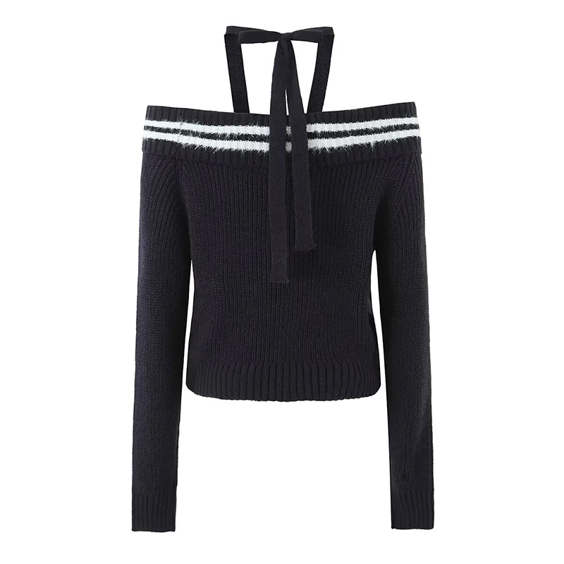 YENKYE Sexy Off Shoulder Halter Knit Pullover Women Autumn Winter Long Sleeve Sweaters