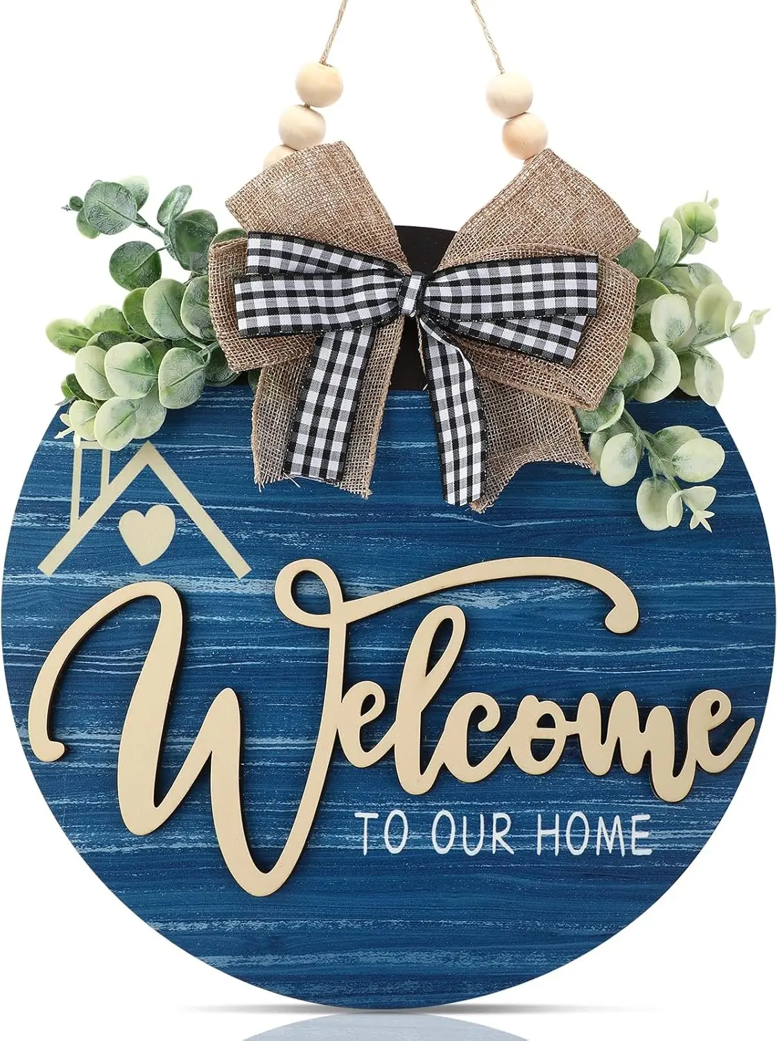 12 Inch Welcome Sign for Front Door, Decor for Farmhouse Porch, Rustic Welcome Wreaths with Stapled Greenery