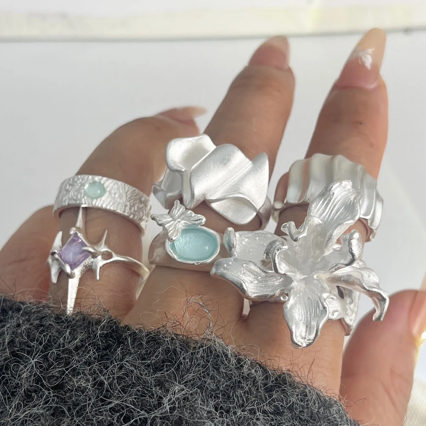 925 Sterling Silver Rings For Women Geometric Fine Jewelry Finger Adjustable Simple Big Flower CZ Ring For Party Birthday Gift