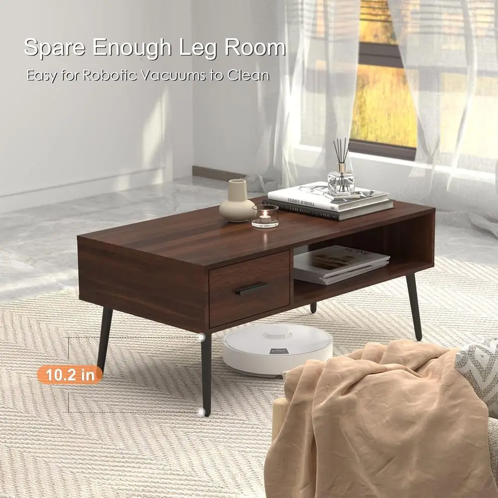 Mid-Century Modern Walnut Coffee Table with Storage, Drawer and Shelf, Dark Brown, for Living Room & Office