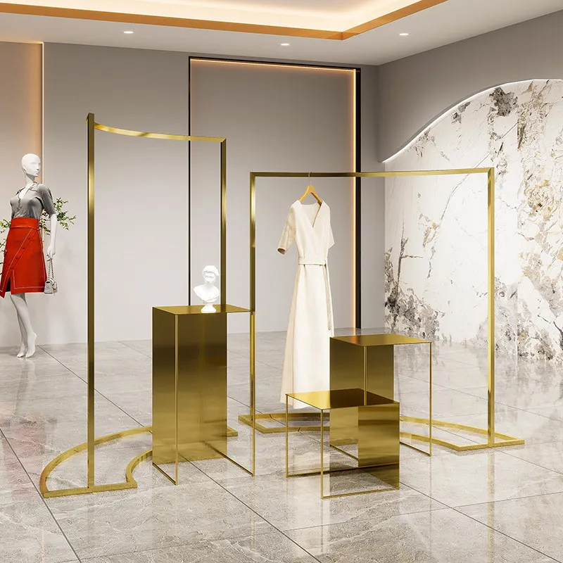 Clothing store middle display rack table stainless steel titanium  hanger rack women's clothing store window display props