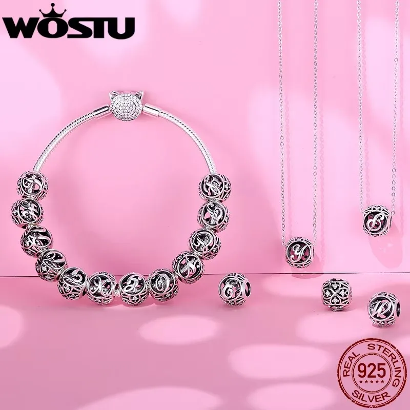 WOSTU Genuine 925 Sterling Silver Fashion Letter A-Z Beads Charm fit Original Bracelet Necklace Woman DIY Jewelry Making CQC738