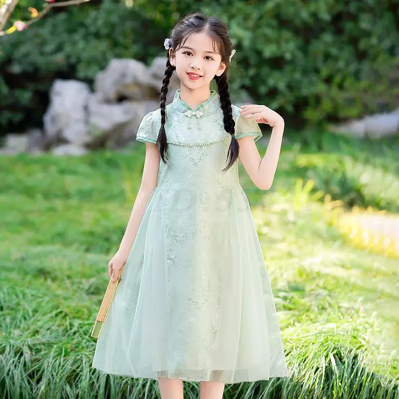 Girls Princess Style Dress Kids Sweet Cheongsam Splicing Mesh Qipao Children's Festival Host Performance Photography Clothing