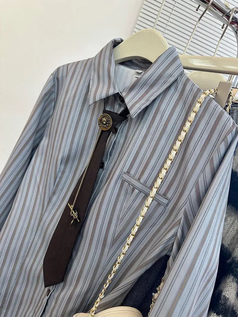 

Облегающая полосатая рубашка, женские топы с длинными рукавами, винтажная ретро-стиль колледжа, осенне-зимняя базовая блузка