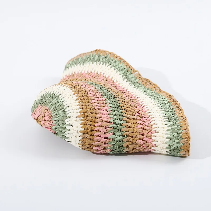 Women's Elegant Striped Straw Bucket Hat Travel Casual Cap