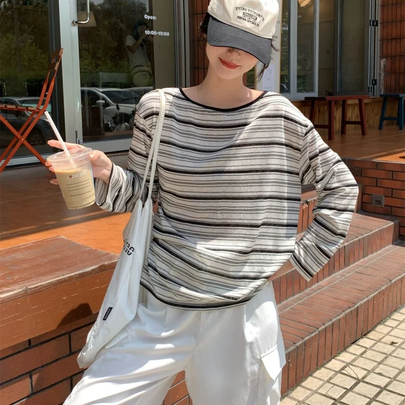 Women Vintage Striped Long Sleeve T Shirt Women Autumn Back Cutout Self Tie Loose Relaxed Pullover Lazy Casual Streetwear Top