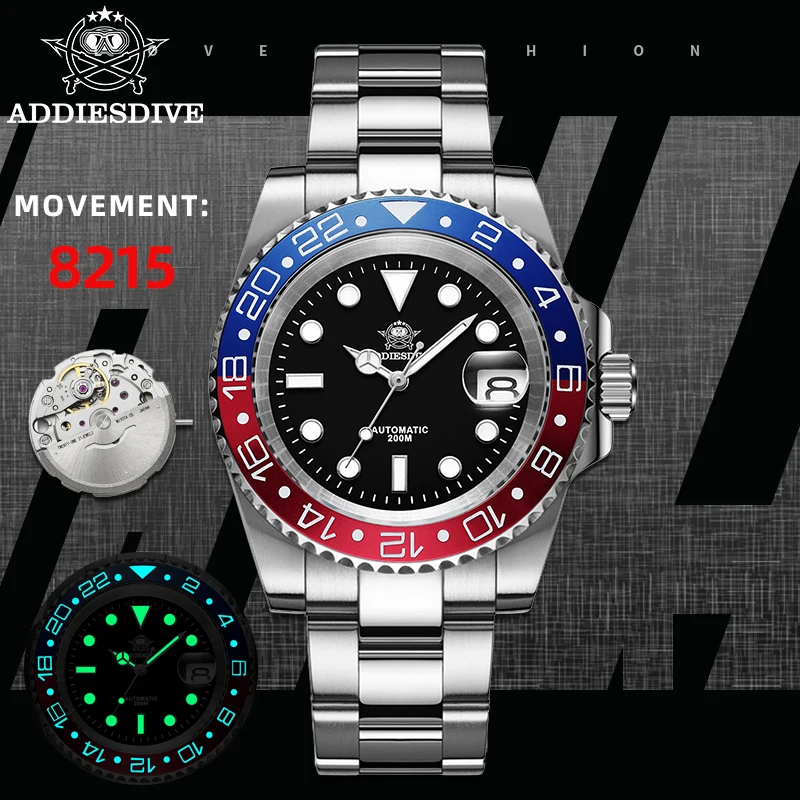 

ADDIESDIVE Luxury Men Stainless Steel Watch Sapphire Automatic Mechanical Watches 200m Waterproof Steel Luminous Dive Wristwatch