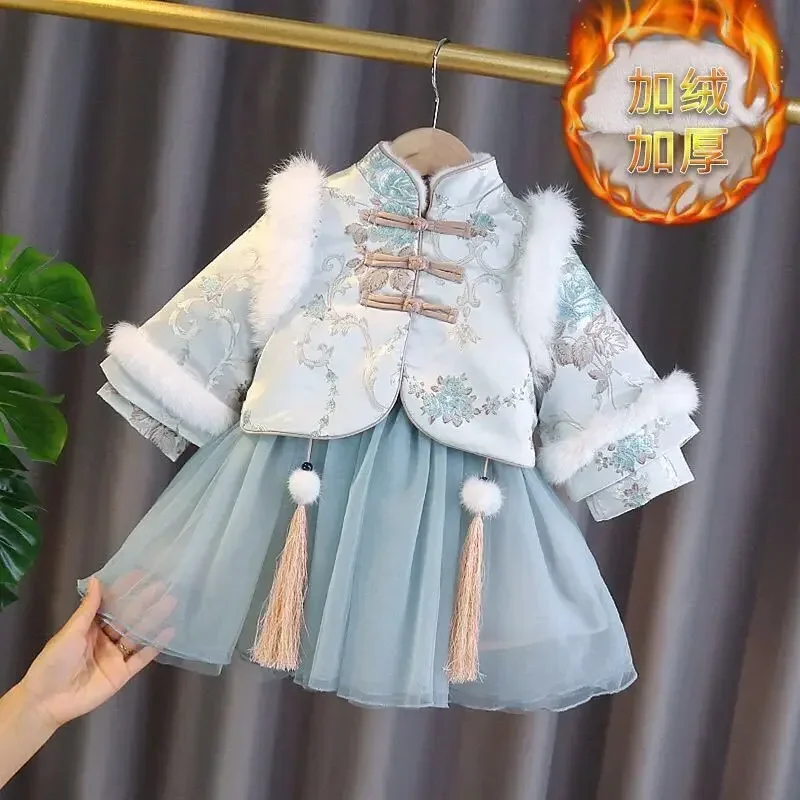 

Winter Thicker Hanfu Dress Baby Girls Children New Year Costume Chinese Ancient Cosplay Costume Hanfu Dress Kids Babies 2T -10T