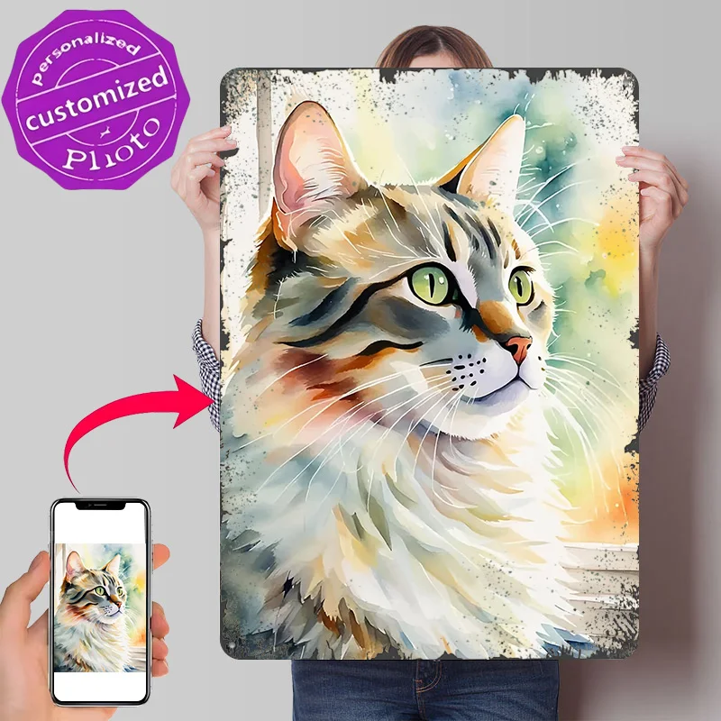 Affiche de portrait de chat en aquarelle, chat éblouissant aux moustaches, enseignes métalliques rétro imprimées en 3D, cadeau mural personnalisé pour la décoration de luxe