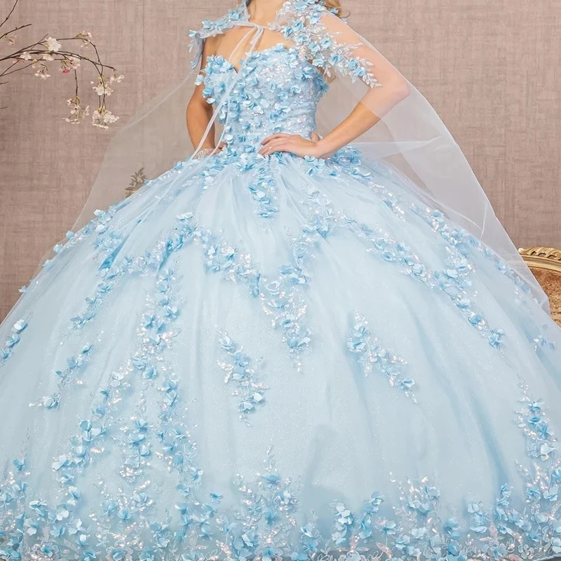 

Роскошное бальное платье небесно-голубого цвета, платье для Quinceanera с накидкой, бусинами, блестками, кружевом, аппликацией и цветами, платья на день рождения 15 лет