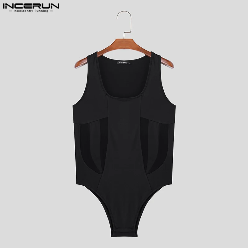 2024 Men Bodysuits Mesh Patchwork Sexy Sleeveless Fashion Rompers Men Streetwear Transparent Skinny Male Bodysuit S-5XL INCERUN