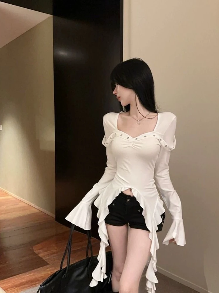 

Women’s French Style Square Neck Long Sleeve Top Irregular Ruffle Design Slim Fit Blouse Trendy Casual T-Shirt for Autumn Winter