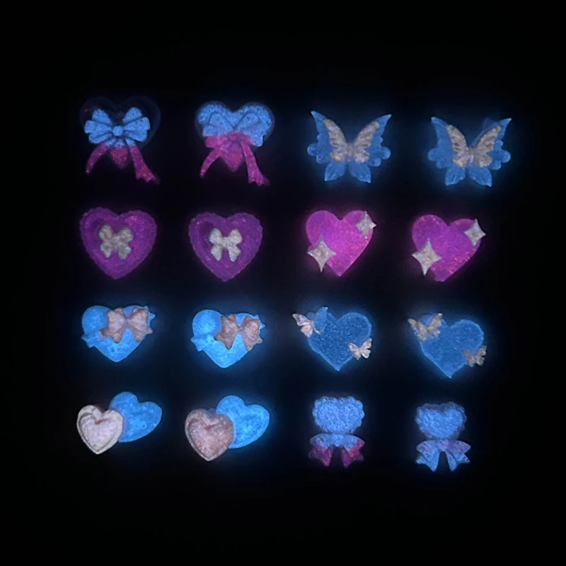 

50Pcs Butterfly Peach Heart Sweet Wind Pink Series Bow Heart Resin Nail Charms 3D Luminous Double Nail Art Decorations DIY Nails