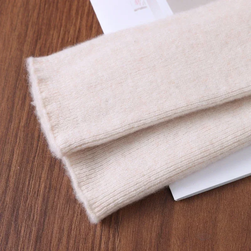 Women's 100% Pure Wool Long-Sleeved Fingerless Gloves Warm Elbow-Length Knitted Mittens Solid Color Hand Warmers