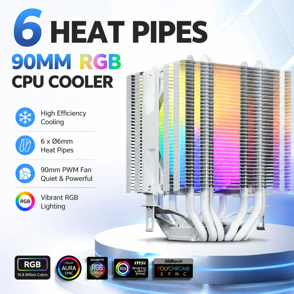 X99 CPU Cooler White Silent RGB Cooling Fan 6 Heat Pipes for Intel LGA 1700 1200 1150 1151 1155 2011 X79 1366 AMD AM5 AM4