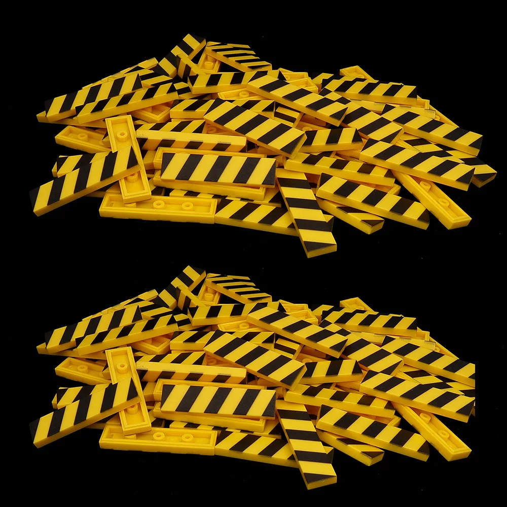 MOC 10PCS 인쇄 2431 검정색과 노란색 패턴 빌딩 블록 경고 알림 호환 액세서리 조립 어린이 장난감