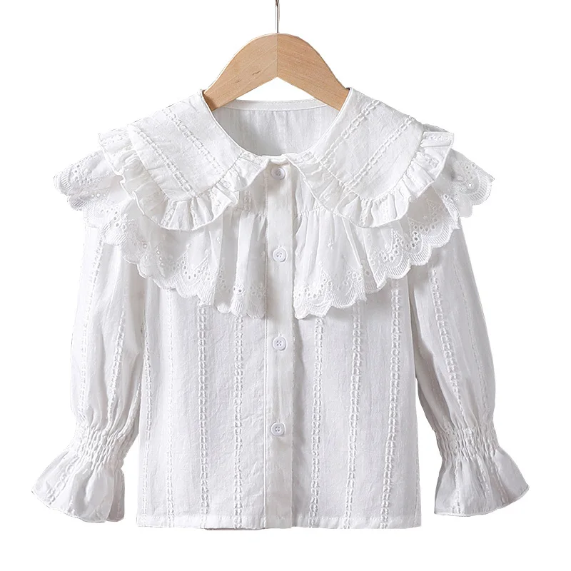 بلوزة بيضاء راقية للفتيات ملابس قميص قطني بأكمام طويلة 2025 ربيع وخريف جديد من الدانتيل برقبة مزدوجة سترة علوية #5